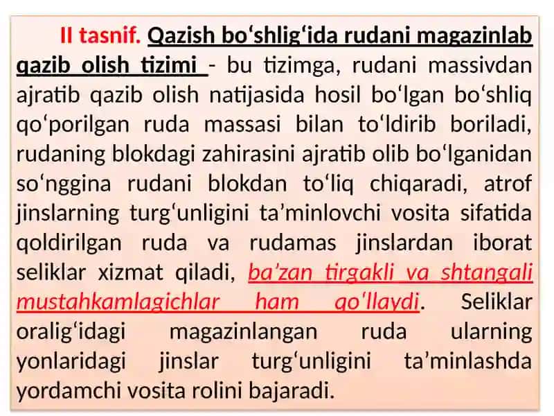 Ruda konlarini qazib olish tizimlarining tasnifi 4