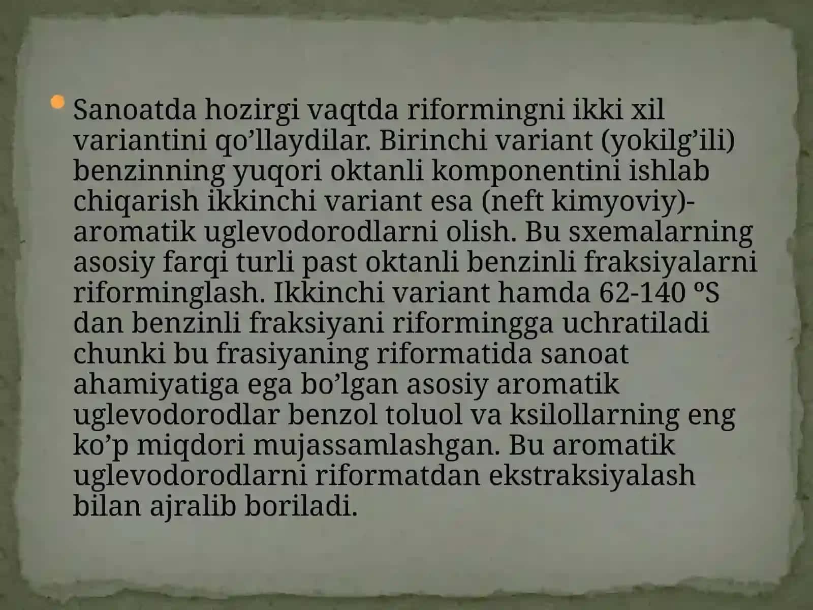 Katalitik reforming bilan aromatik uglevodorodlar olish 4