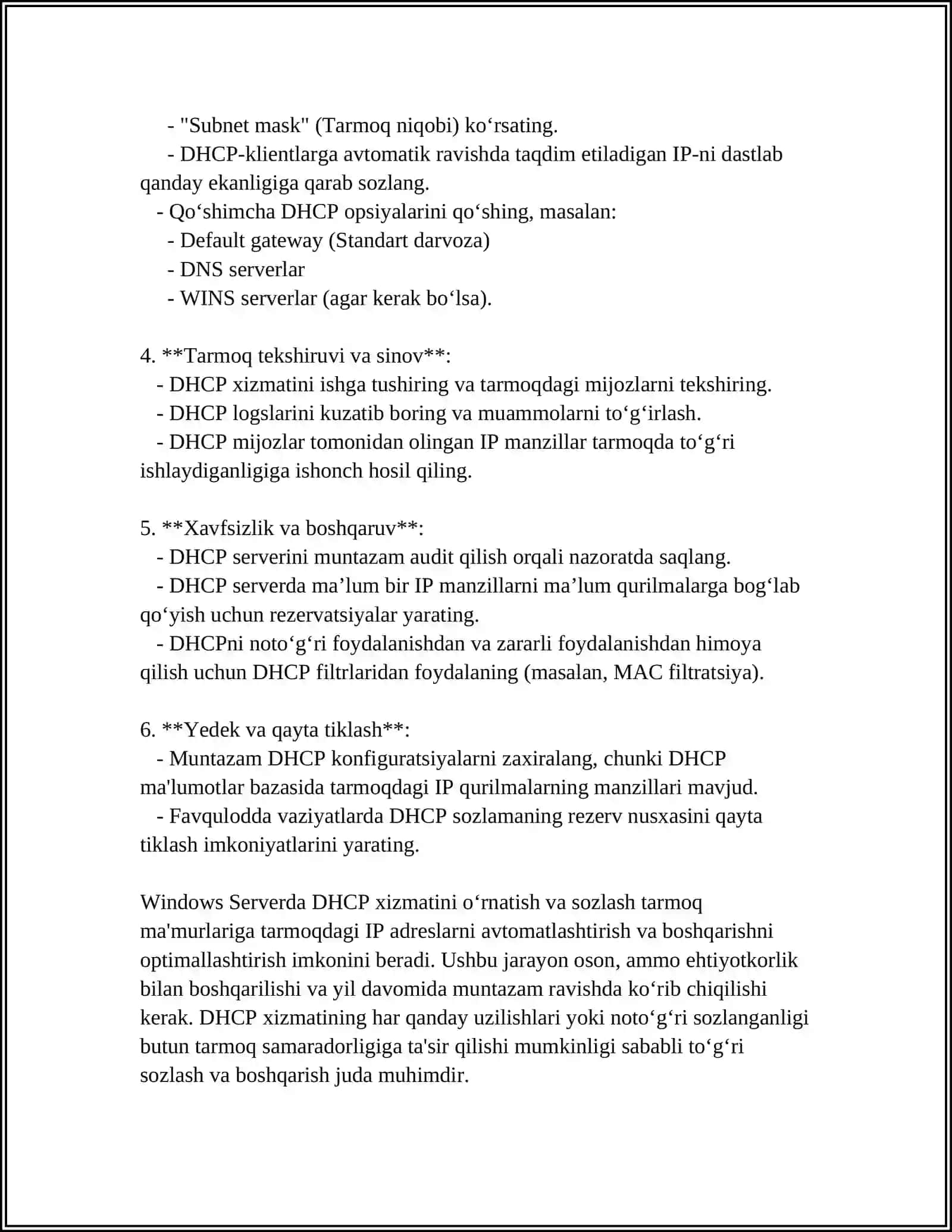 WINDOWS SERVER OPERATSION TIZIMIDA TARMOQ XIZMATLARINI OʻRNATISH VA SOZLASH (DHCP,DNS) 4