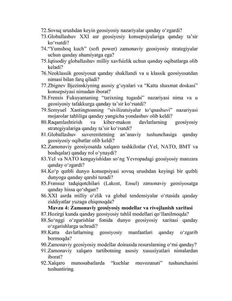 Geosiyosat fanidan savollar toʻplami. 4