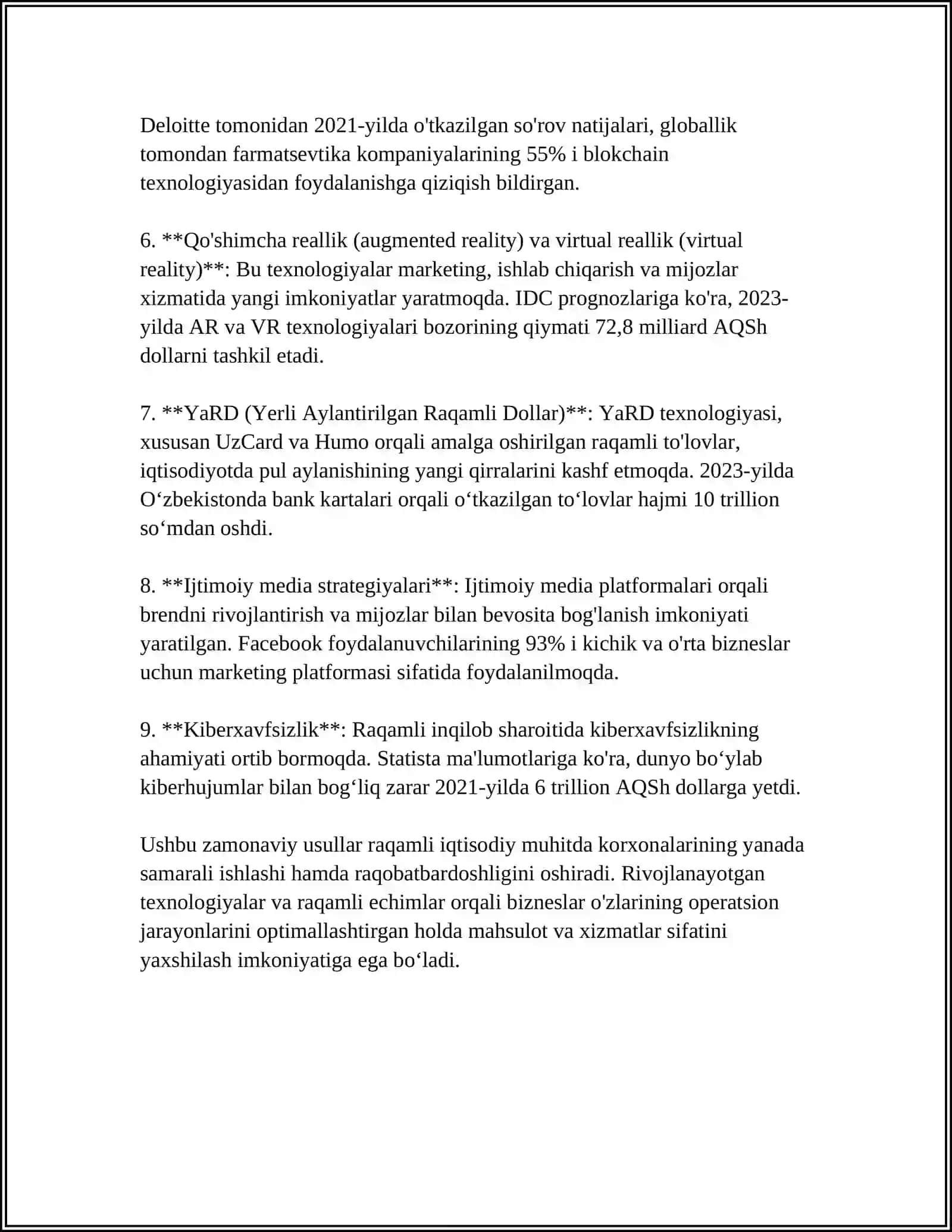 RAQAMLI IQTISODIYOTDA BIZNESNI BOSHQARISHNING XUSUSIYATLARI.MOBIL TEXNOLOGIYALAR.NEYROTEXNOLOGIYALAR VA SUN 'IY INTELLEKT.BIZNESDA FIKRLASH DIZAYNI.VIRTUAL VA TÓLDIRILGAN REALLIK TEXNOLOGIYALARI 4