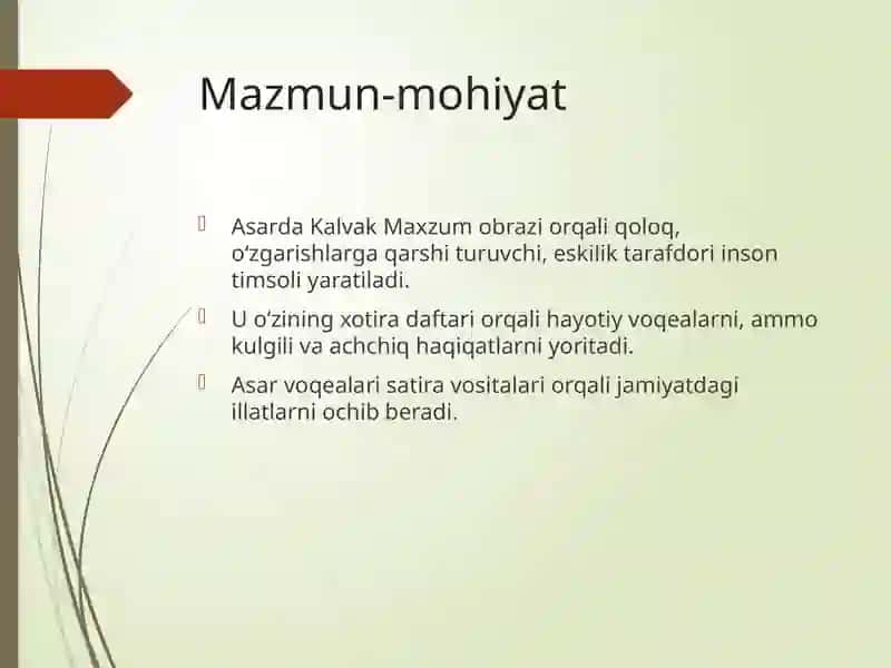 "Kalvak Maxzumning xotira daftaridan" asari tahlili 4