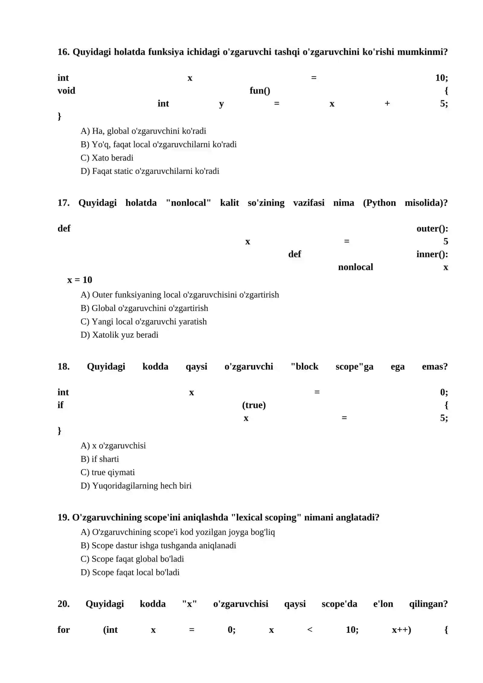 O'zgaruvchining qo'llanilish sohasi (scope rules) bo'yicha test 4