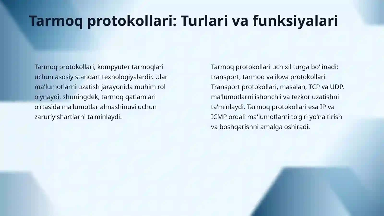 Kompyuter tarmoqlarining protokollari tarmoqning standart texnologiyalari 4