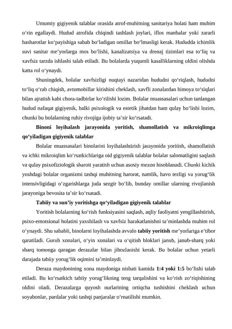 Bolalar muassasalarini loyihalashtirish, qurish va jihozlashga bo‘lgan gigiyenik talablar 4