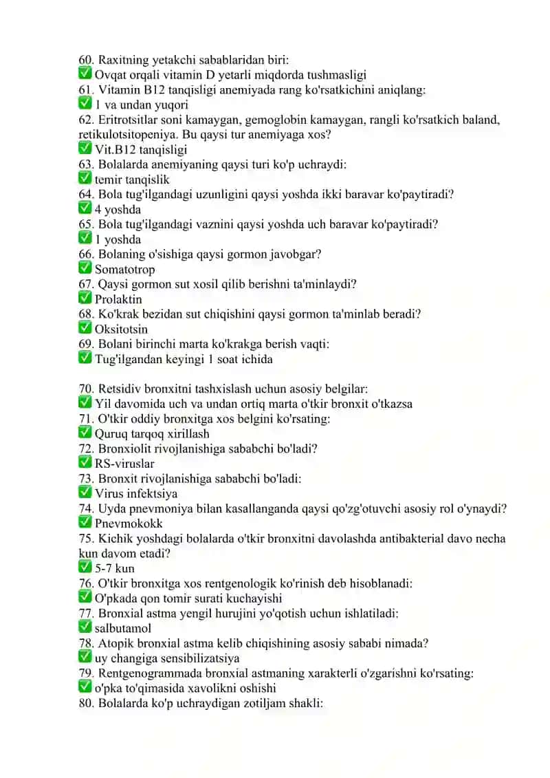 Umumiy pediatriya mutaxassisligi boʻyicha shakllantirilgan test savollari roʻyxati ARGOS TEST javoblari bilan 4