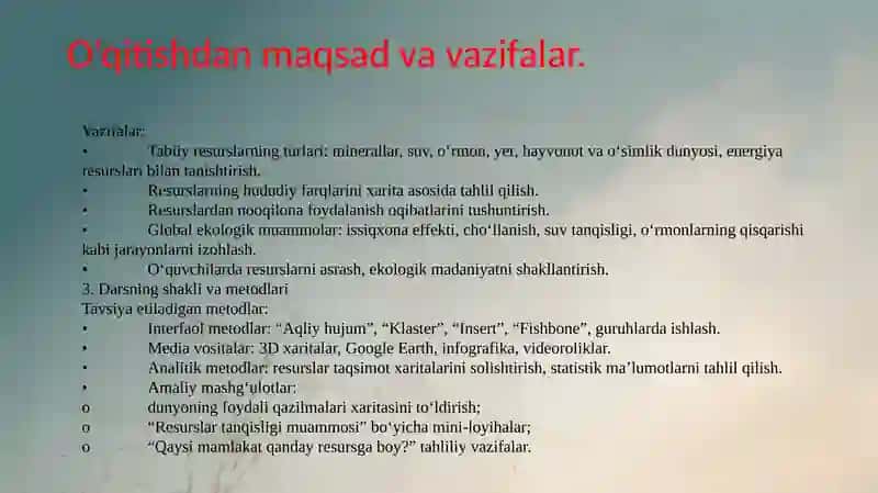 JAHON TABIIY RESURSLARI MAVZUSINI O’QITISH METODIKASI 4