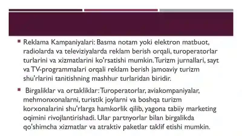 Turoperatorlarning turizm firmasida marketing xizmatini amalga oshirishi 4