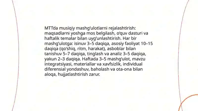 MTTda musiqiy taʼlim berish metodikasi boʻyicha ishlarni tashkil etish 4