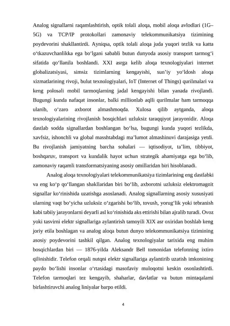 ALOQA TEXNOLOGIYALARI VA TARMOQLAR KURS ISHI 4