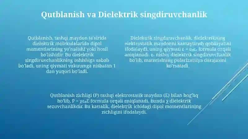 Elektrostatik maydondagi dielektriklar va o‘tkazgichlar 4