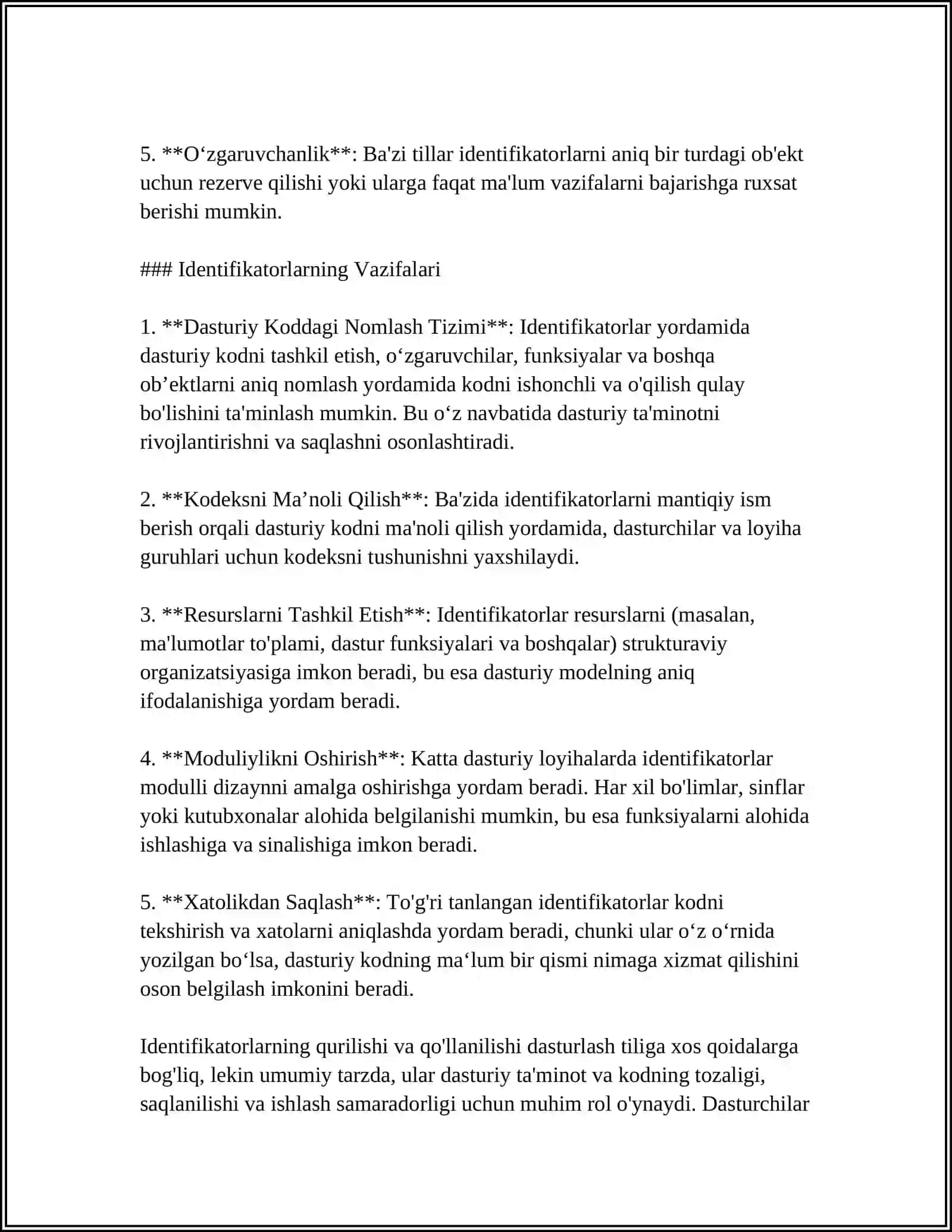 IDENTIFIKATORLAR, OʻZGARUVCHILAR VA BERILGAN TURLARI 4