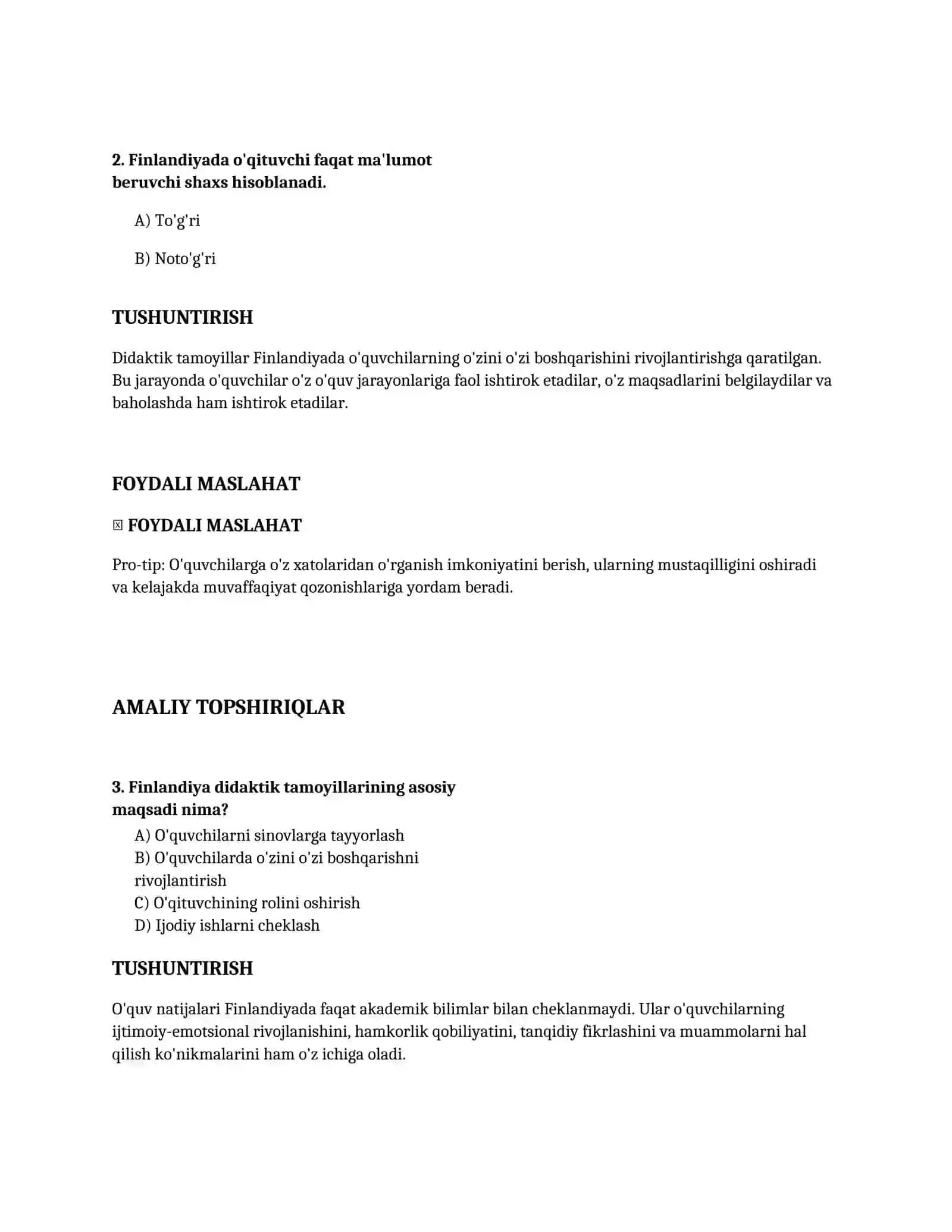 Lesson on Finlandiya taʼlim tizimida tarbiya yondashuvlari. 4