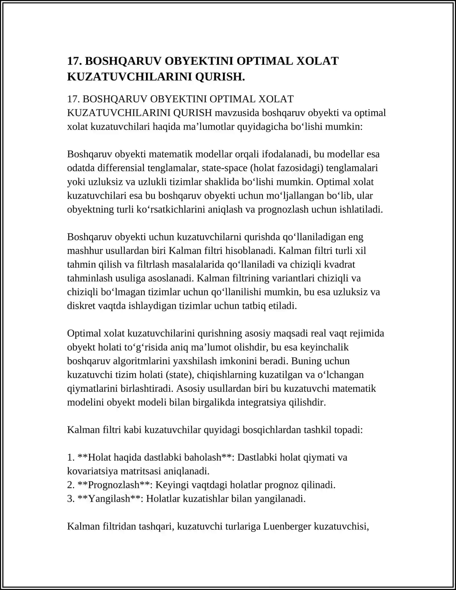 BOSHQARUV OBYEKTINI OPTIMAL XOLAT KUZATUVCHILARINI QURISH 4