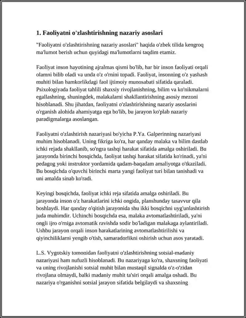 Faoliyatning O'zlashtirilishi va Malakalarni Egallash 4