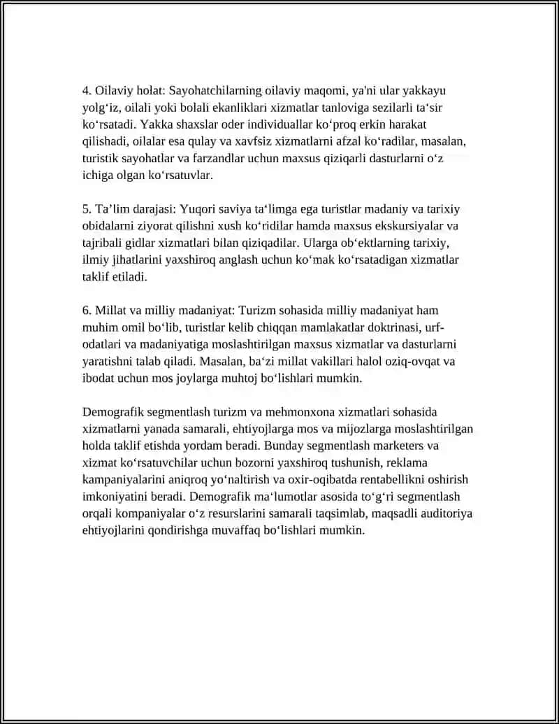 TURIZM VA MEHMONXONA XIZMATLARI BOZORINI SEGMENTLASH 4