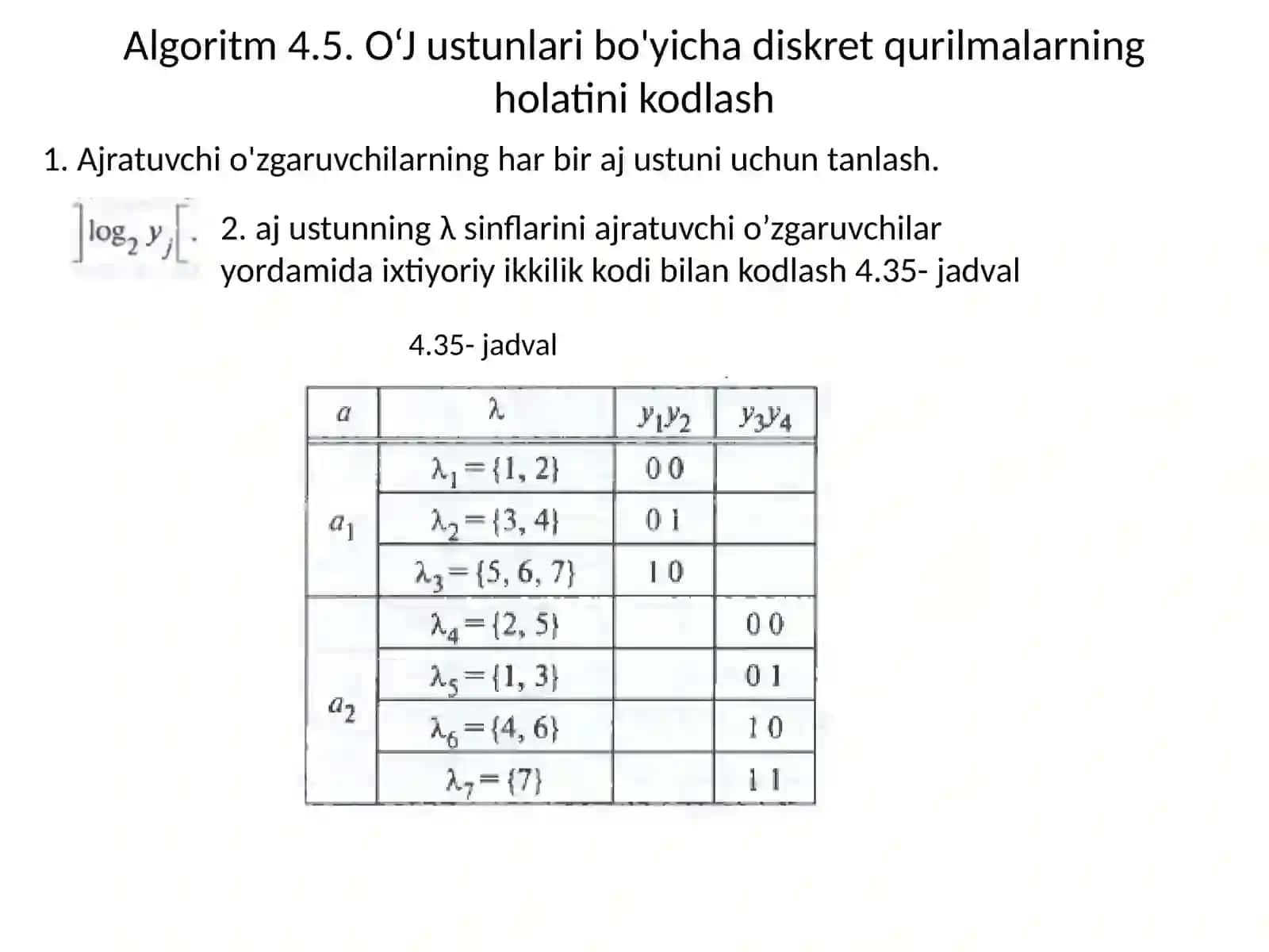 Asinxron CHA xususiyatlari.Diskret qurilma holatlarini o'tish jadvalining ustunlari bo'yichakodlash usuli 4
