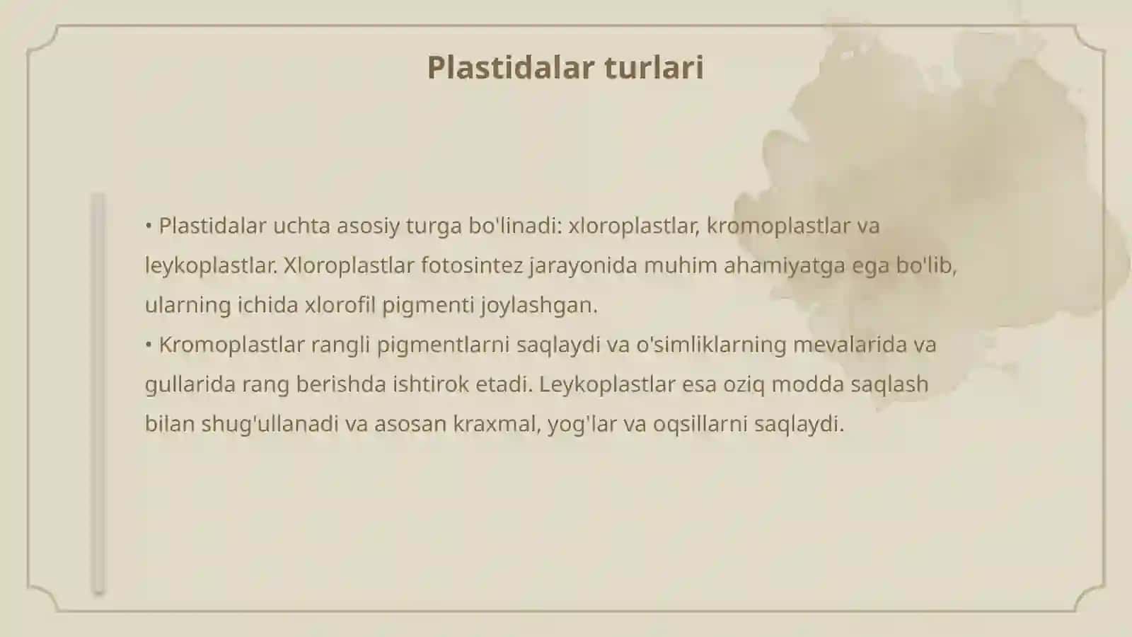 Plastidalarni oʻsimlik organizmidagi ahamiyati 4