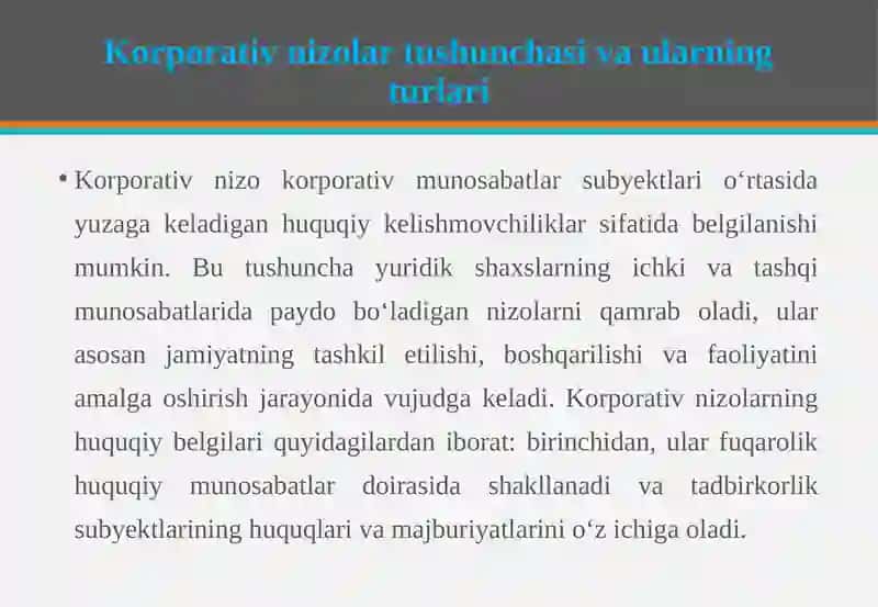 Korporativ nizolar: ulaming turlari, halet ish usullari va shakllari 4