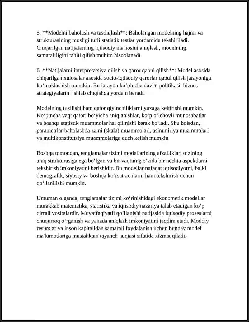 TENGLAMALAR TIZIMI KO‘RINISHIDAGI EKONOMETRIK MODEL 4