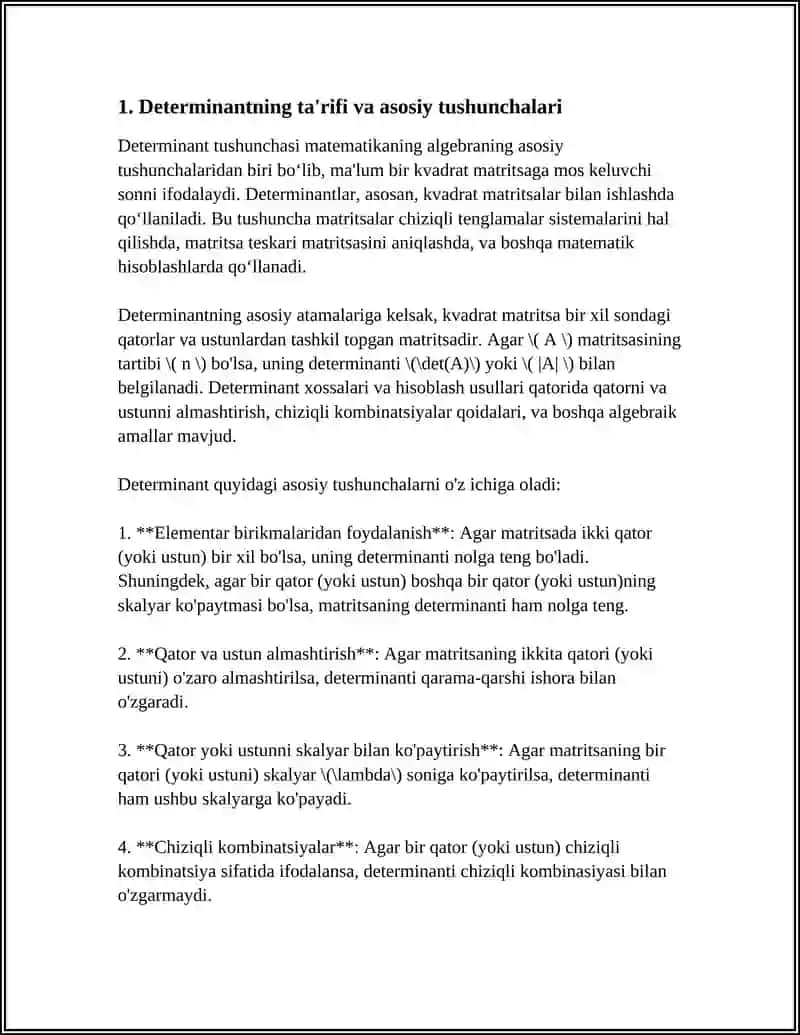 DETERMINANT TUSHUNCHASI. DETERMINANTNING TURLARI 4