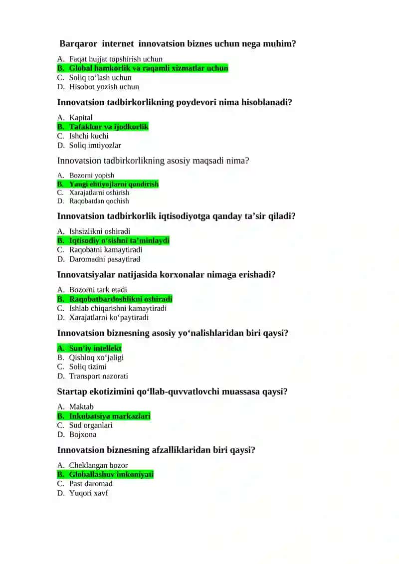 Innovatsiyon iqtisodiyotdan  yakuniy imtihon javoblari 4