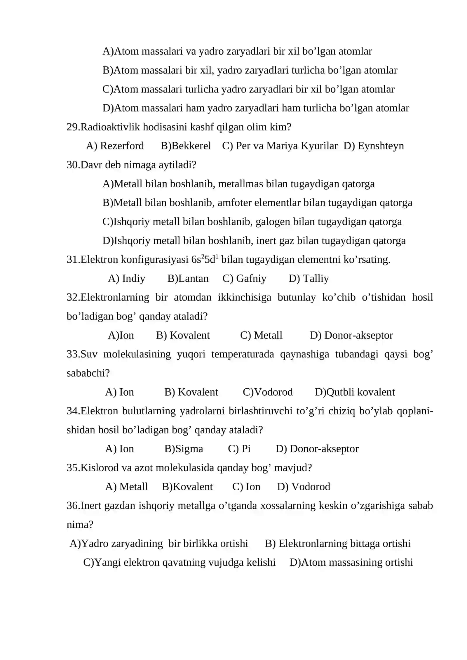 Umumiy va noorganik kimyo fаnidаn test sаvоllаri 4
