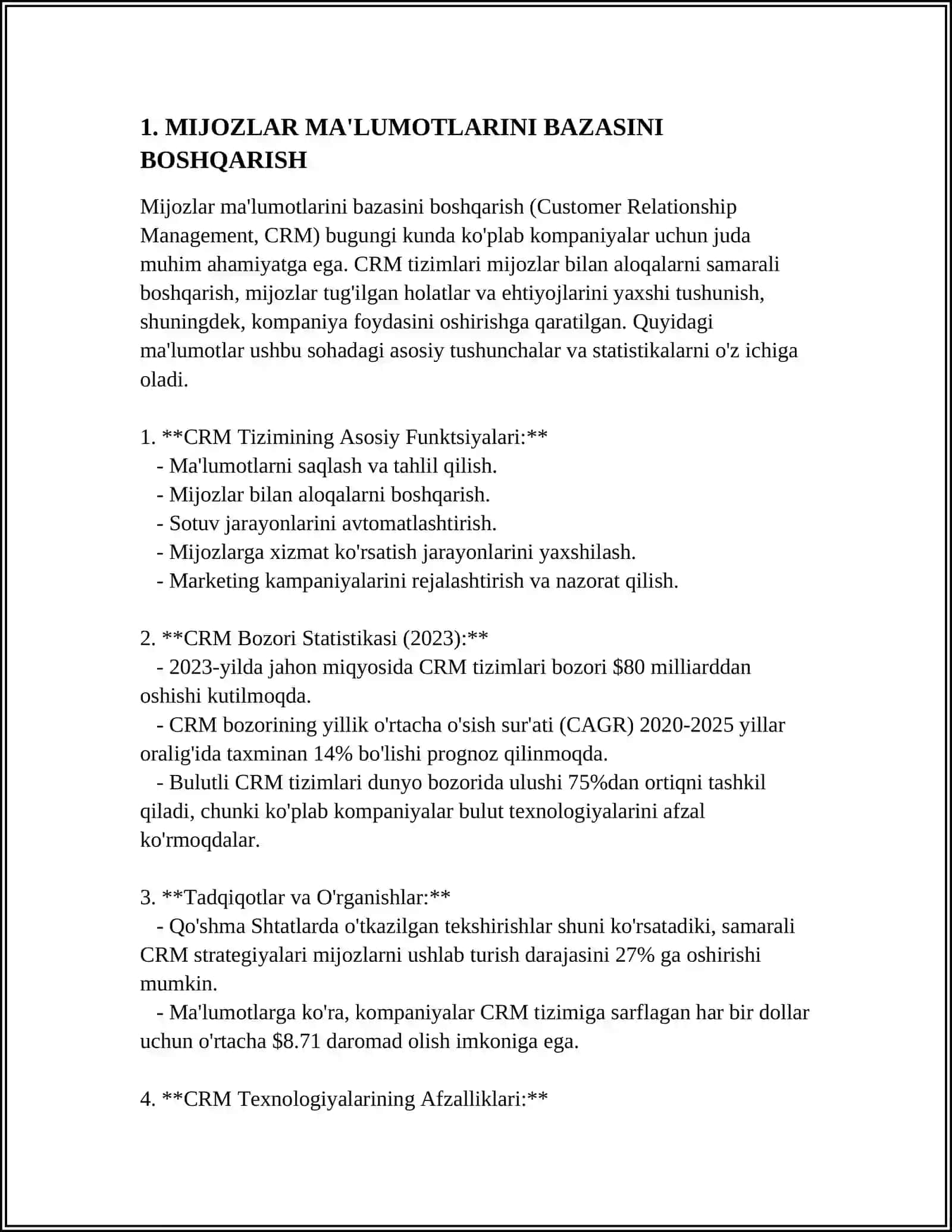 MIJOZLAR BILAN MUNOSABATLARNI BOSHQARISH (CRM) 4