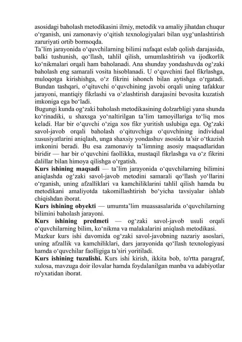Og`izaki savol-javob orqali baholash metodikasi Kurs ishi 4
