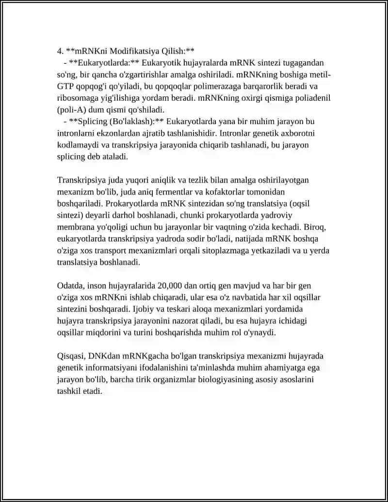 TRANSKRIPSIYA, TRANSLYATSIYA VA OQSIL SINTEZI 4