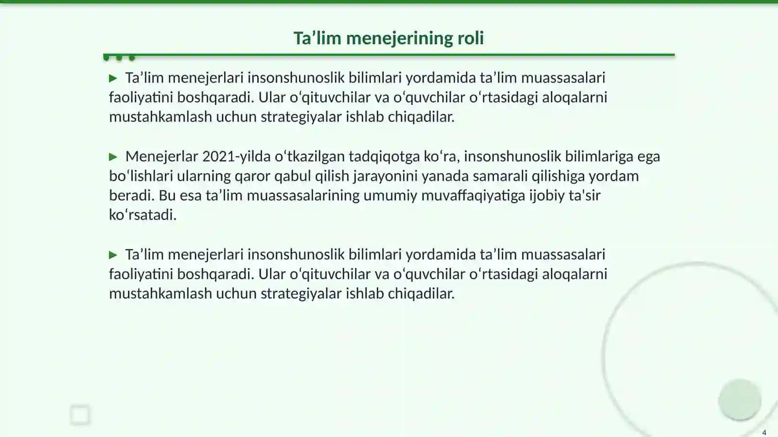 Insonshunoslik bo‘yicha taʼlim sohasi menejeri 4