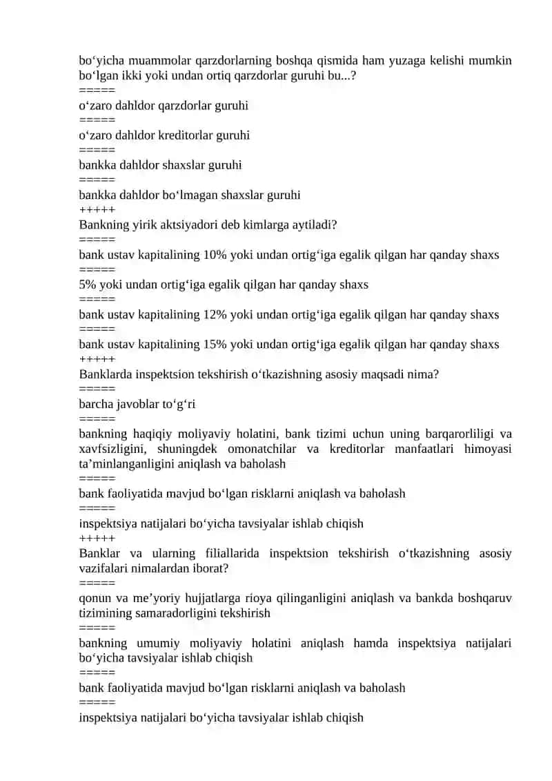 Bank nazorati fanidan testlar to'plami 4