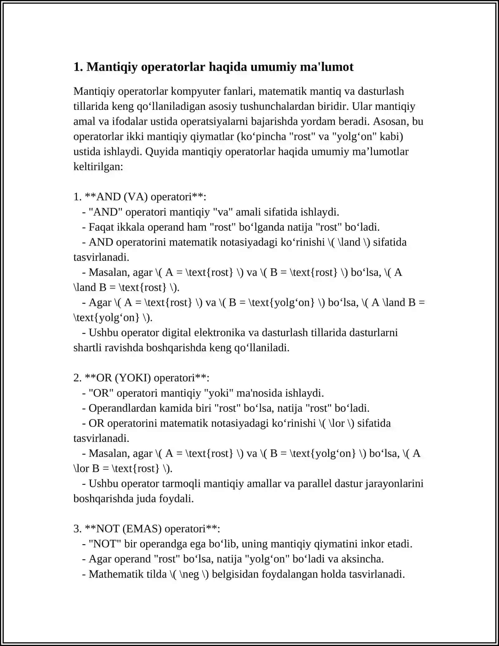 MANTIQIY OPERATORLAR ASOSIDA DASTURLAR TUZISH 4