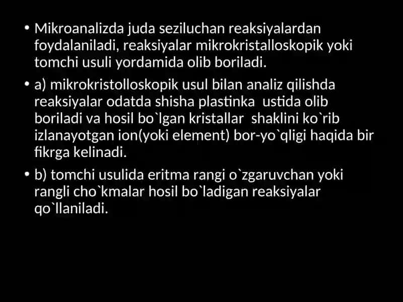SIFAT ANALIZI USULLARINING SINFLANISHI. REAKSIYALARNI AMALGA OSHIRISHNINGSHART-SHAROITLARI. 4