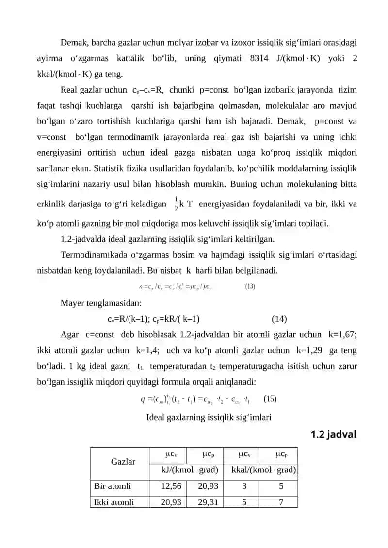 Gazlarning issiqlik sig`imi 4