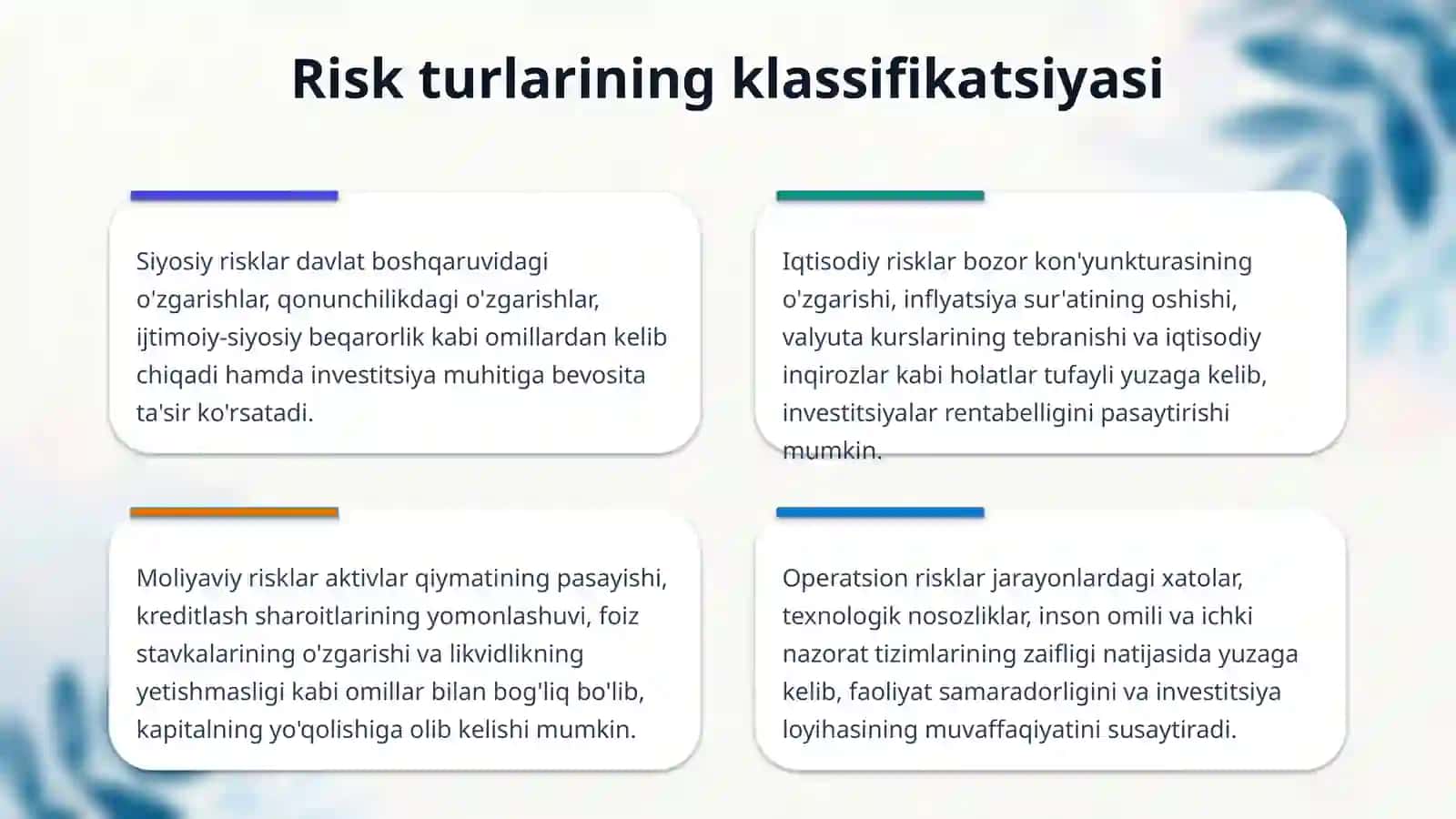 Invistitsiya faoliyatida risklar va ularning tasniflanishi 4