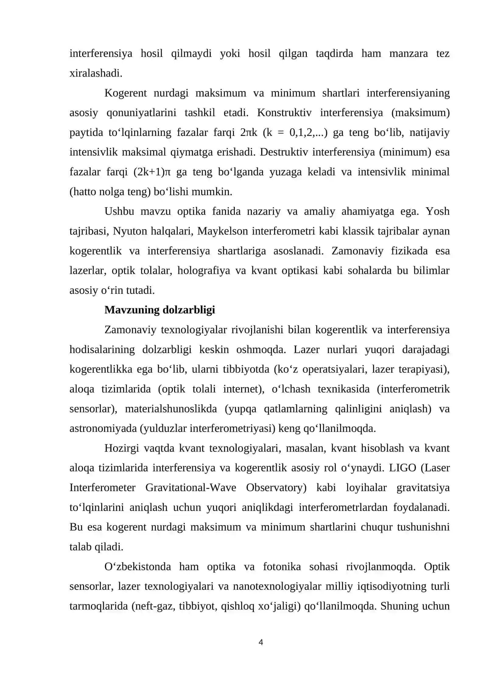Kogerent nurlarining maksimum va minimum shartlarini o‘rganish 4