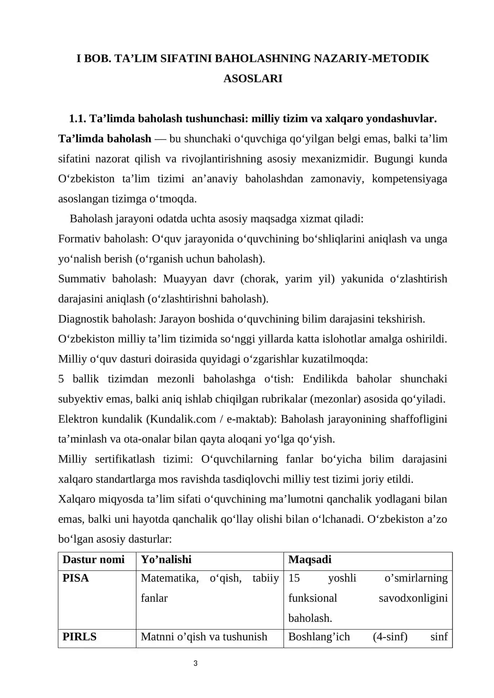 Xalqaro va milliy baholash mohiyati va mezonlari. PISA, PIRLS, TIMSS xalqaro tadqiqotlarining mamlakatimiz ta'lim tizimidagi ahamiyati 4