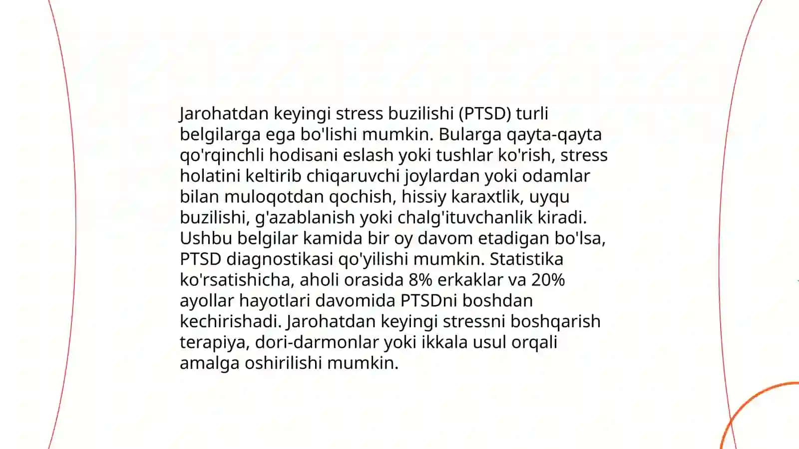 Bezovtalanish tushunchasi.Jarohatdan kiyingi stressli holatlarda bezovtalanish bilan bog'liq kechinmalar bilan ishlash 4