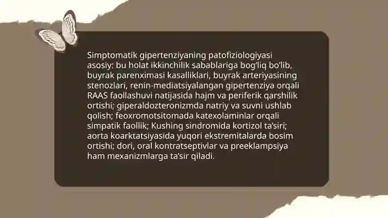 Simptomatikgipertenziya xaqida tushuncha. Tasnifi, tashxislash. EKG o'zgarishlarni aniqlash va xulosa yozish, bemorlarni dinamikada kuzatish prinsplari 4