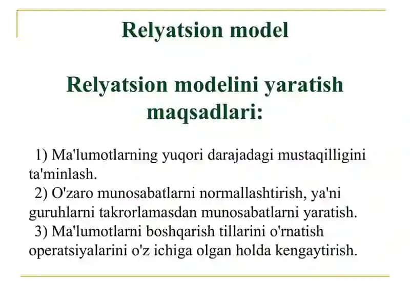 Relyatsion model. Relyatsion algebra va relyatsion hisoblash 4