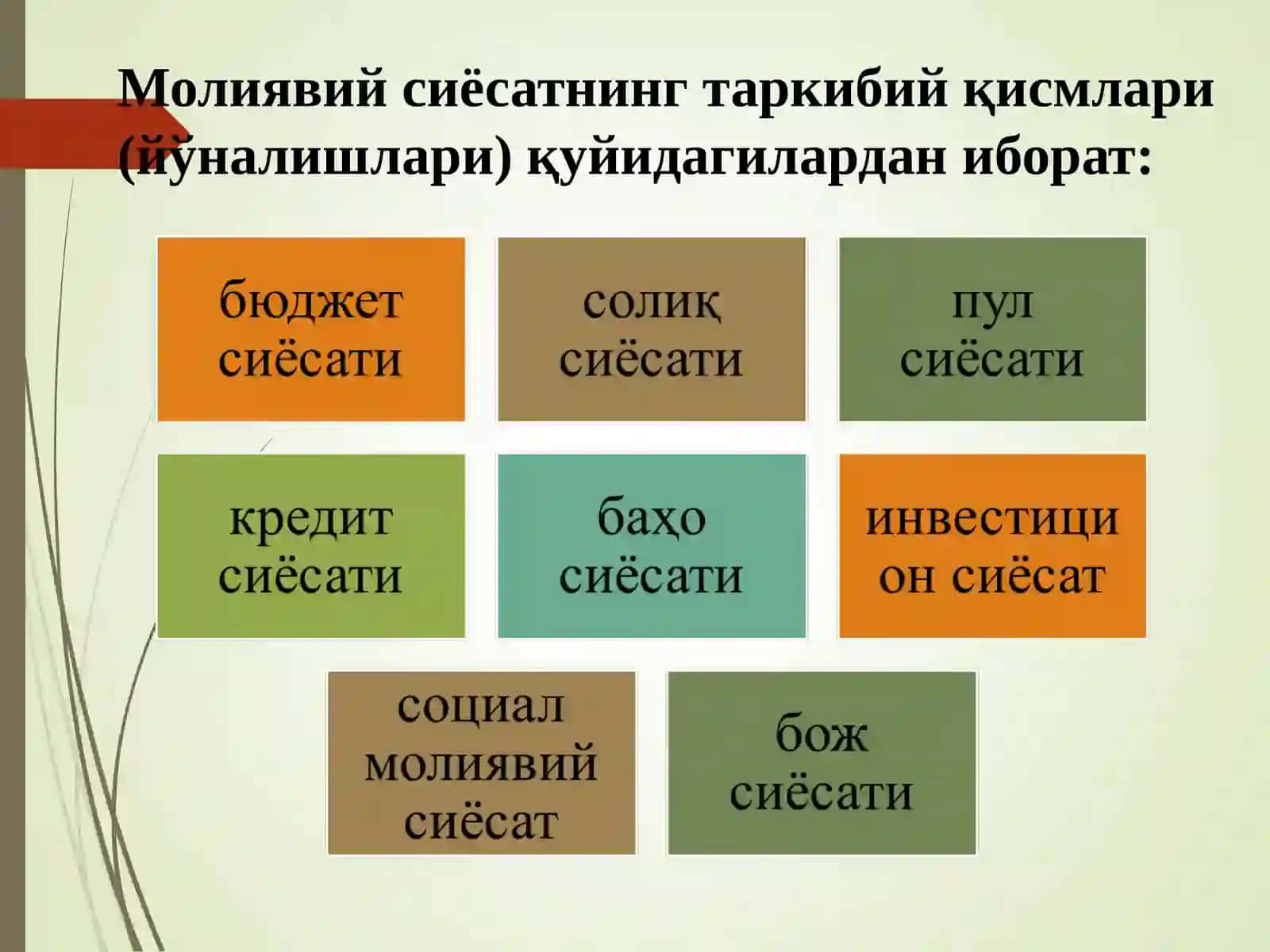 Молиявий сиёсатнинг таркибий қисмлари 4