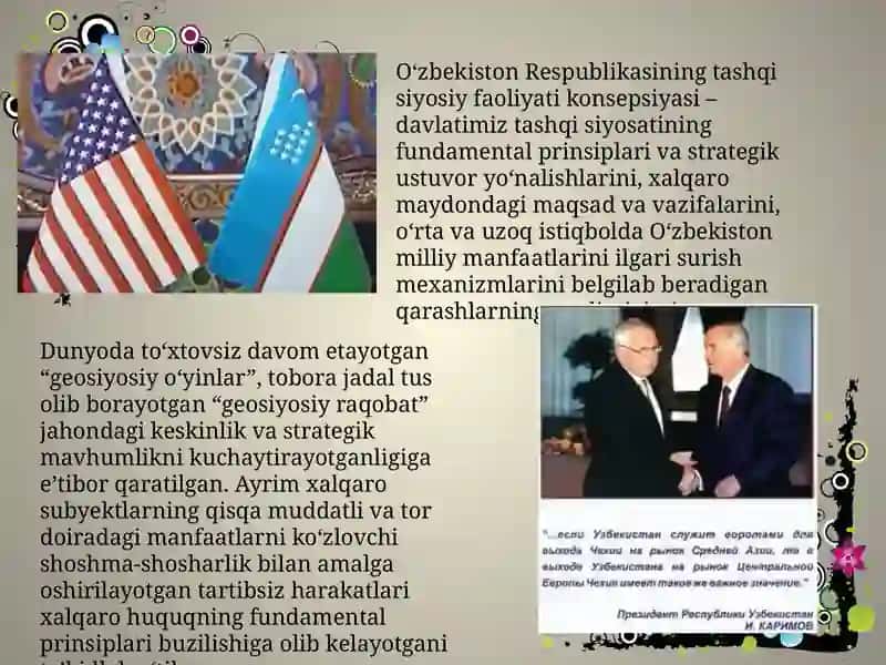 O‘zbekiston Respublikasining tashqi siyosiy faoliyati konsepsiyasi 4