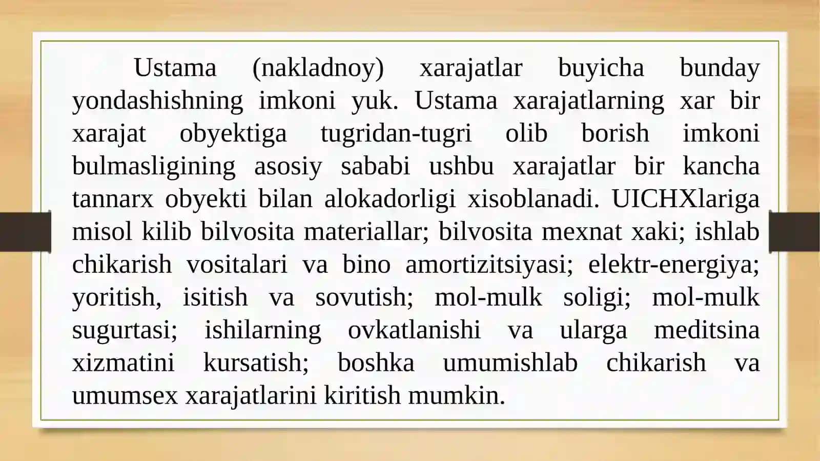 Ustama xarajatlar. Ustama xarajatlarni taqsimlashning reja  stavkalari. Ustama xarajatlarini taqsimlash zarurati. Ustama xarajatlarni taqsimlashning to'g’ri usuli 4