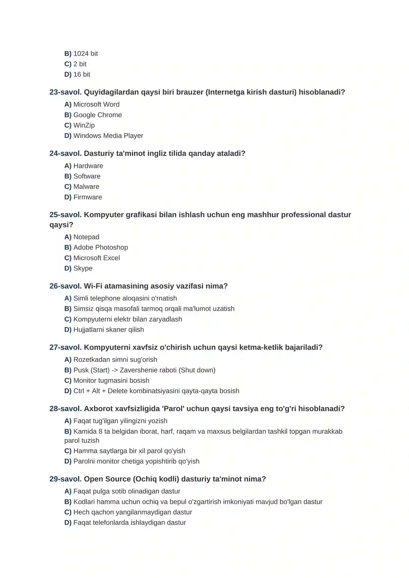 SERTIFIKATLASHTIRISH IMTIHONI TEST SAVOLLARI 4
