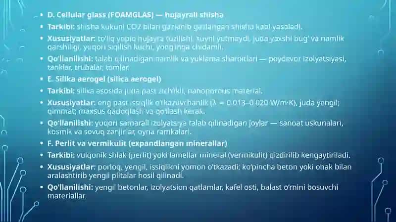 Noorganik issiqlik izolyatsiya materiallari 4
