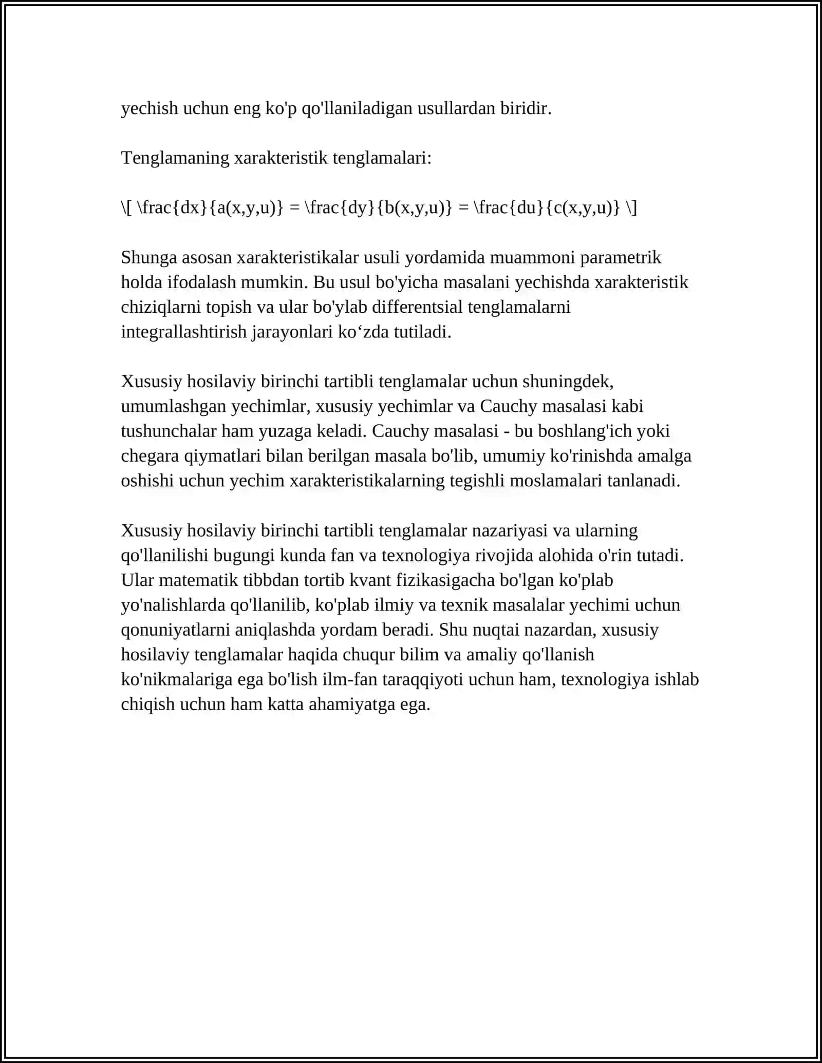 Xususiy hosilaviy birinchi tartibli tenglamalar 4