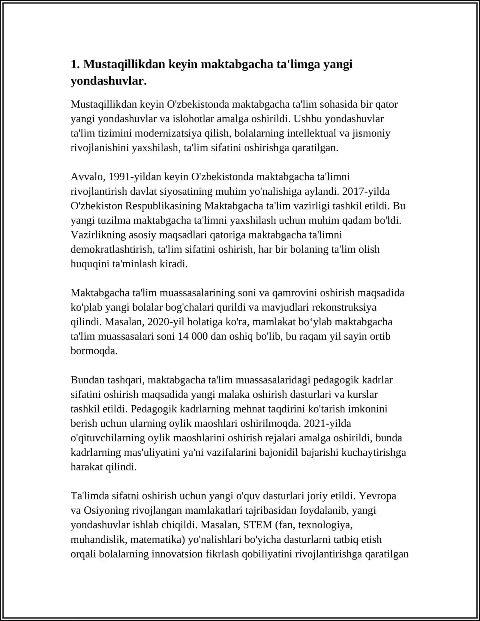 O'ZBEKISTON MUSTAQILLIKKA ERISHGANDAN KEYIN KEYINGI DAVRDAGI MAKTABGACHA TA'LIM MUSTAQILLIK YILLARIDA MAKTABGACHA TA'LIM TIZIMIGA YANGICHA YONDASHUV 4
