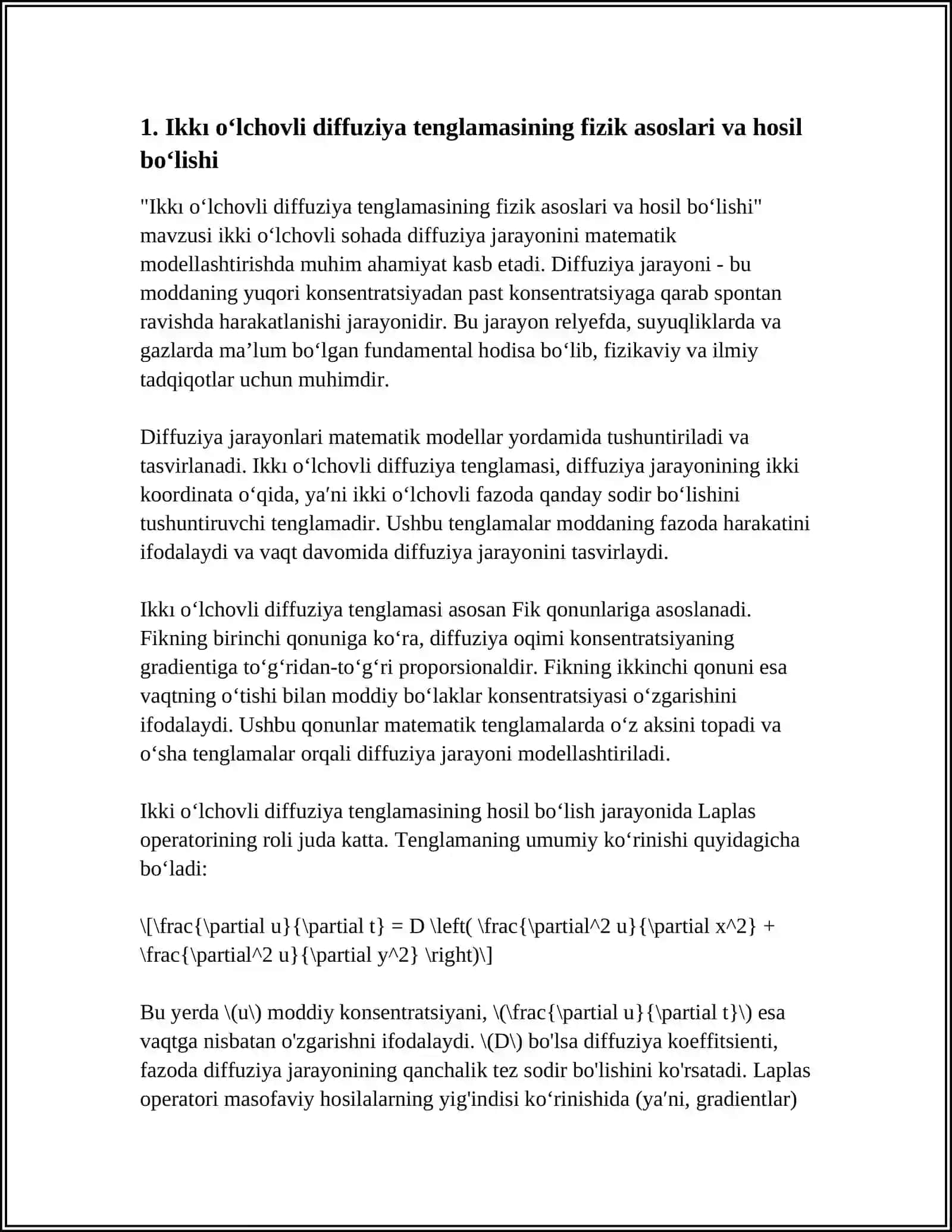 IKKI O'LCHOVLI SOHADA DIFFUZIYA JARAYONINI MATEMATIK MODELLASHTIRISH 4