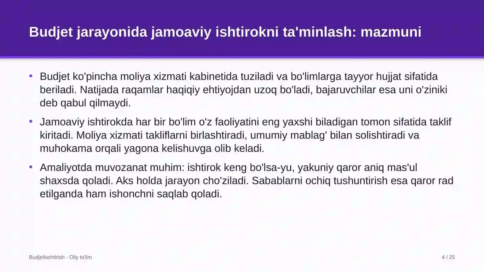 Ekskursiya byurolarida budjet jarayonida jamoaviy ishtirokni ta'minlash 4